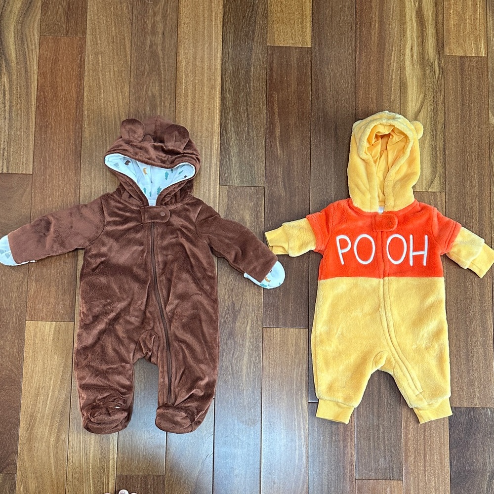 Disney Pooh Bear and Bear Fleece Onesies- Brown, Orange, and Yellow